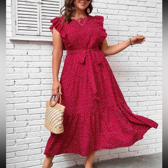 Plus Size Polka Dot Print Butterfly Sleeve Ruffle Hem Belted Dress - Picture 3 of 5